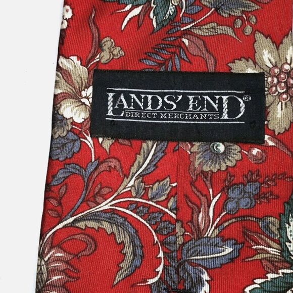 Land's End Red Blue Floral Tie Silk Necktie 3.75 Inch X 58 Inch - Picture 2 of 2